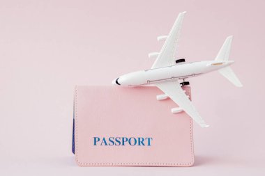 Pasaport ve uçak pembe bir arka plan üzerinde. Seyahat konsepti, kopya sp