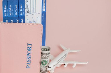 Pembe arka planda pasaport, dolar, uçak ve uçak bileti. Tr