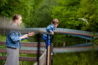 Anne Çocuk suya düşecek yaşıyor. Küçük bir çocuk parkta bir köprüden tırmanıyor. Boğulma tehdidi. Çocuklar için tehlike