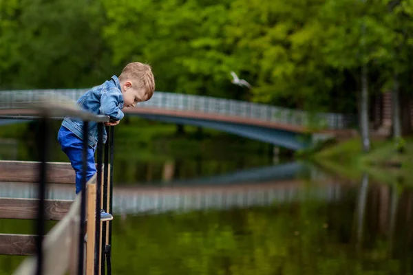 Küçük bir çocuk parkta bir köprüden tırmanıyor. Tehdit 