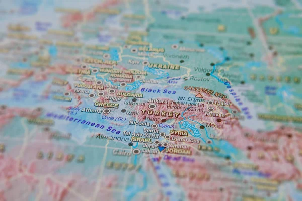 Greece and Turkey in close up on the map. Focus on the name of c