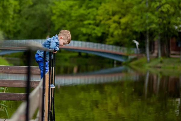 一个小男孩爬上了公园里的一座桥栏杆。溺水的威胁对儿童的危险 — 图库照片