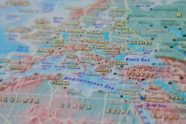 Greece and Turkey in close up on the map. Focus on the name of country. Vignetting effect