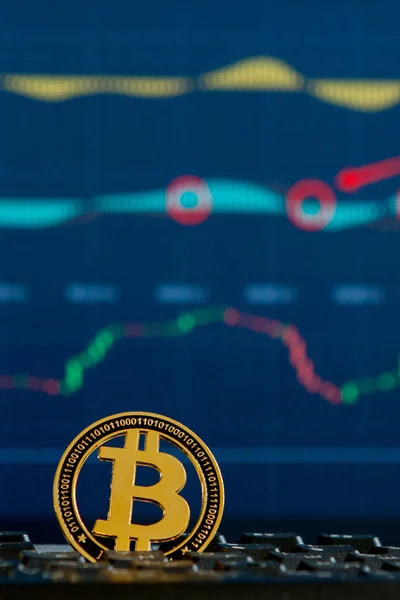 Bitcoin-Goldmünze und defokussierter Chart-Hintergrund. Konzept der virtuellen Kryptowährung. Bitcoins auf der Leiter Chart Kryptowährung Konzept. Bitcoin-Währung mit Blockchain-Konzept — Stockfoto