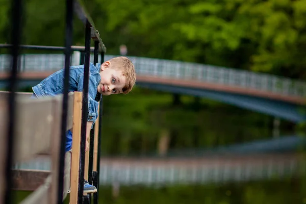 一个小男孩爬上了公园里的一座桥栏杆。溺水的威胁对儿童的危险 — 图库照片