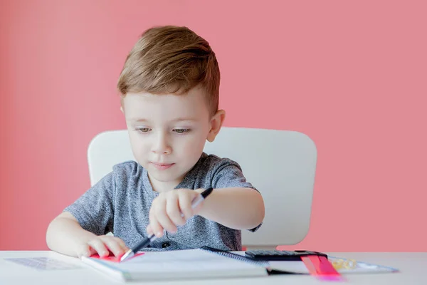 宿題を作る家でかわいい子供の男の子の肖像画。リトルコンセント — ストック写真