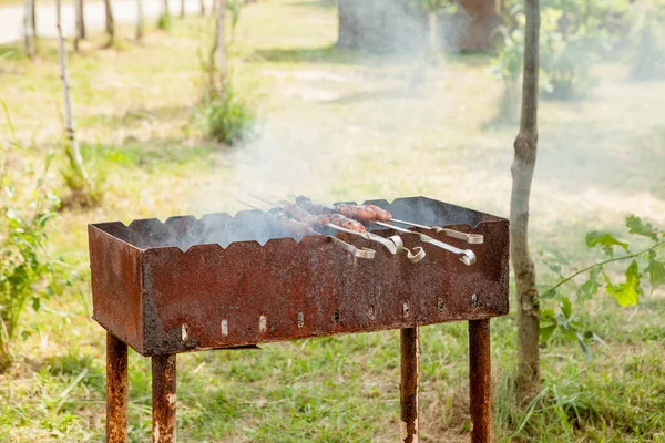 Salchicha a la parrilla en llamas en el picnic — Foto de Stock