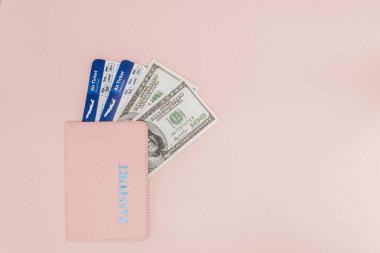 Pasaport, dolar ve uçak bileti, pembe bir arka planda. Seyahat Co