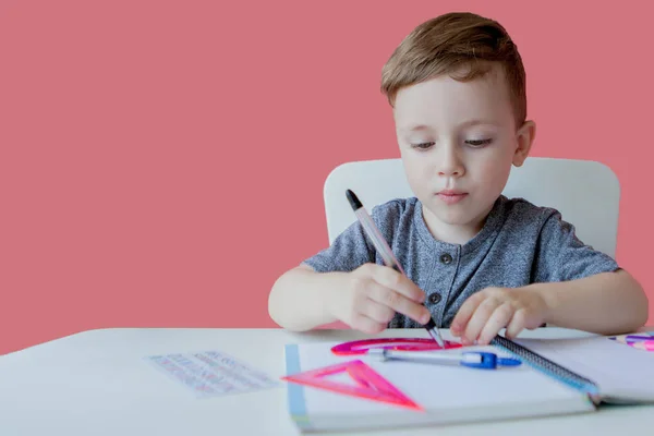 Ritratto di ragazzo carino a casa a fare i compiti. Piccolo bambino concentrato che scrive con matita colorata, in casa. Scuola elementare e istruzione. Kid imparare a scrivere lettere e numeri — Foto Stock