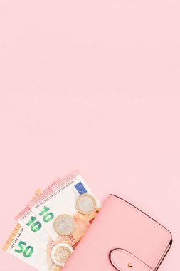 Euro para birimi üzerinde canlı bir mavi arka plan ile cüzdan. İş kavramı ve Instagram