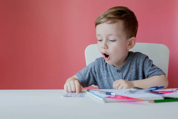 Ritratto di ragazzo carino a casa a fare i compiti. Piccolo bambino concentrato che scrive con matita colorata, in casa. Scuola elementare e istruzione. Kid imparare a scrivere lettere e numeri — Foto Stock