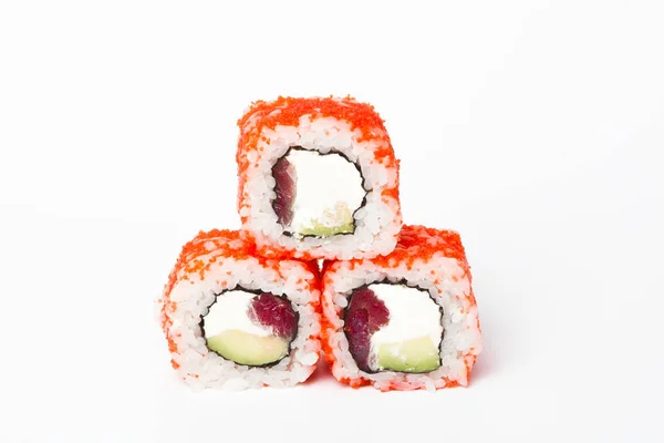 Philadelphia roll, Sushi rolls isolated on white background. Collection. Closeup of delicious japanese food with sushi roll. — Stock Photo, Image