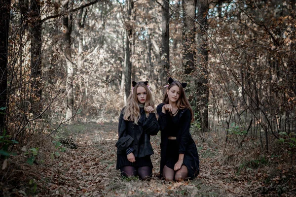 Halloween maniaque et sorcière dans la forêt — Photo