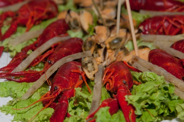 Crayfish and mussels as appetizers for beer on a snack table