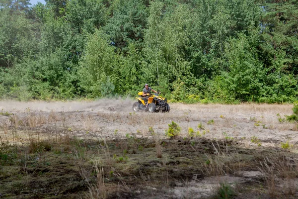 Az ember lovaglás egy sárga quad ATV minden terepjáróval a homokos erdőben. Extrém sport mozgás, kaland, turistalátványosság. — Stock Fotó