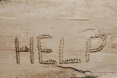 Kumun üzerindeki yazıda bana yardım et. Lütfen bana yardım et. Tropik bir plajda