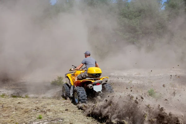 Az ember lovaglás egy sárga quad ATV minden terepjáróval a homokos erdőben. Extrém sport mozgás, kaland, turistalátványosság. — Stock Fotó
