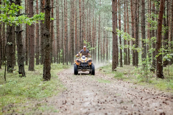 Homem montando um quadriciclo amarelo ATV todo o terreno veículo em uma floresta arenosa. Extremo movimento desportivo, aventura, atração turística . — Fotografia de Stock