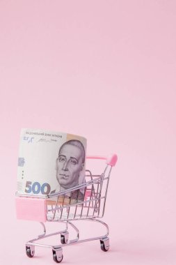 Süpermarket arabası tam Uah Lirası üstünde pembe bir arka plan kopya alanı ile. Serbest ticaret. para piyasası. Minimalizm tarzı. Süpermarkette alışveriş arabası. Satış, iskonto