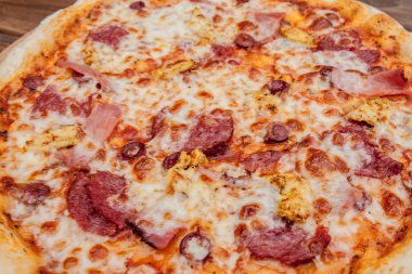 Mozzarella peynirli pizza, salam, domates, biber, baharat. İtalyan pizzası