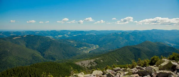 Yaz güneşli bir günde Karpat dağlarının Panoraması, Ukrayna'da seyahat. Doğanın güzelliği kavramı.