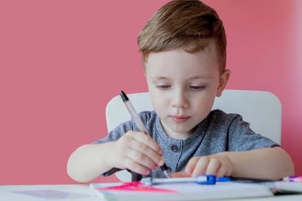 Retrato de menino bonito em casa fazendo lição de casa. Pequena condescendência — Fotografia de Stock