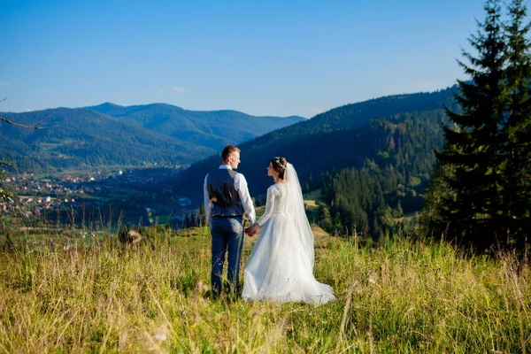 Novomanželé úsměv a objetí vzájemně mezi na louce na vrcholu hory. Svatební procházka v lese v horách, jemné emoce páru, Foto pro den svatého Valentýna — Stock fotografie