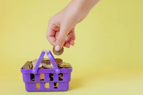 Hand holding a coin with pile of coin in the shopping basket on — Stock Photo, Image