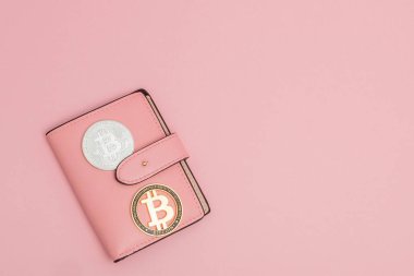 Bitcoins kopya alanı ile pembe arka plan üzerinde pembe bir cüzdan