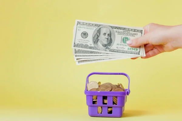 Winkelmandje met munten en dollar rekeningen in handen op gele achtergrond. Ruimte voor tekst. Close-up. Business concept. — Stockfoto