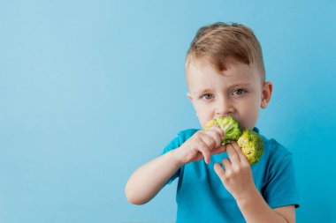 Küçük çocuk elinde mavi arka plan üzerinde brokoli tutuyor. Sebze