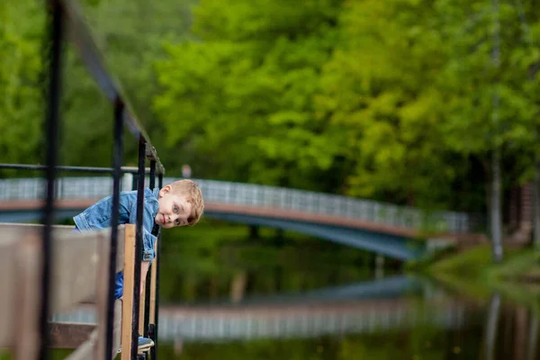 一个小男孩爬上公园里的一座桥栏杆。威胁 — 图库照片