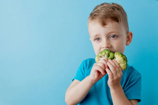 Um miúdo com brócolis nas mãos sobre fundo azul. Veg. — Fotografia de Stock