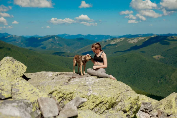 Κορίτσι με ένα σκυλί στην κορυφή ενός βουνού βλέποντας ένα όμορφο τοπίο — Φωτογραφία Αρχείου
