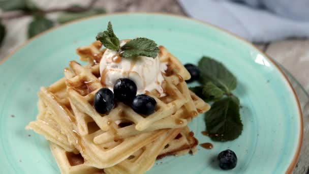 Fresh Baked Homemade Classic Belgian Waffles Topped Icecream Fresh Blueberries — Stock Video