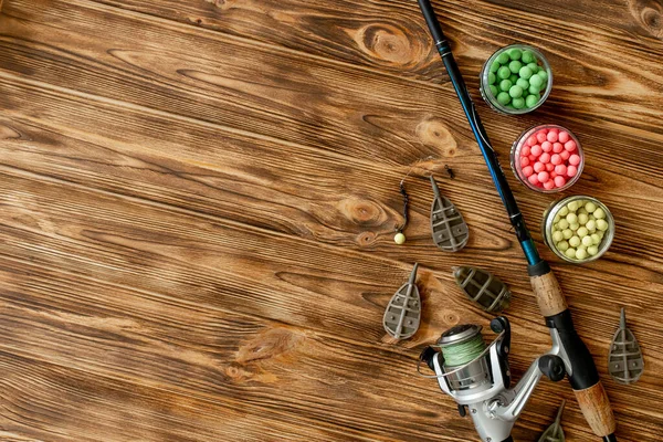 Accessoires Pour Pêche Carpe Appâts Pêche Sur Planches Bois Avec — Photo