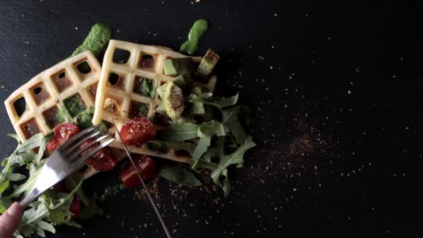 Woman having delicious breakfast with Belgian waffles at table, closeup. Breakfast concept — Stock Footage Woman Having Delicious Breakfast Belgian Waffles Table Closeup Breakfast Concept Stock Footage