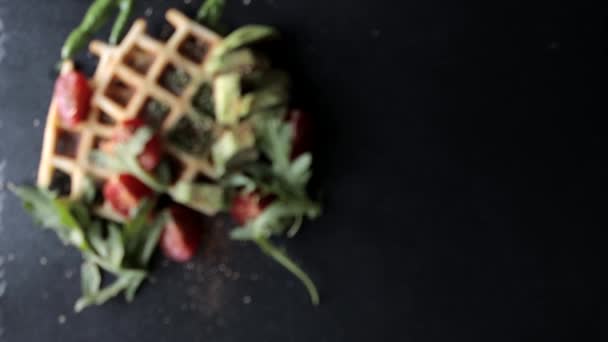 Fresh Baked Belgian Waffles Arugula Tomatoes Avocado Black Plate Savory — Stock Video