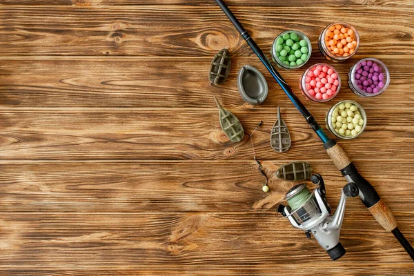 Accessoires Pour Pêche Carpe Appâts Pêche Sur Planches Bois Avec — Photo