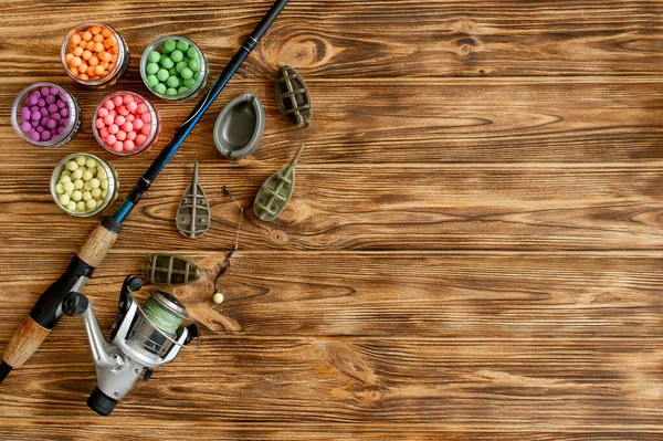 Tillbehör För Karpfiske Och Fiskebete Träplankor Med Kopieringsutrymme — Stockfoto