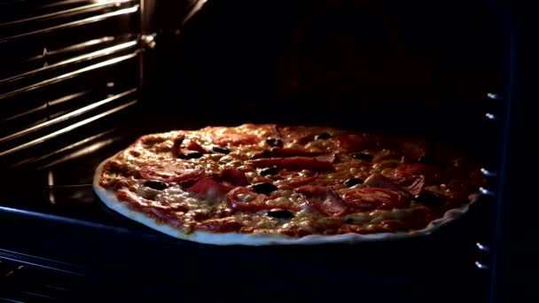从烤箱里面看 在电对流烤箱中烹调意大利披萨 比萨饼配上西红柿 莫扎拉和奶酪 比萨奶酪融化和起泡 时间流逝 — 图库视频影像