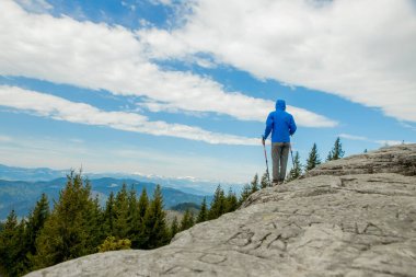 Genç, kaygısız çocuk kayalara tırmanıyor, tepeye ulaşmayı kolaylaştırmak için sırıkları kullanıyor, yoldaki doğal harikaların tadını çıkarıyor..