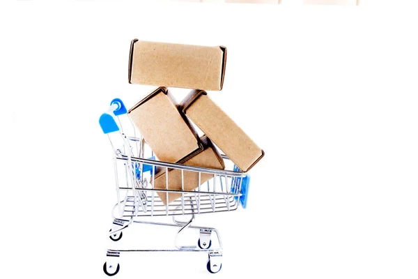 Shopping Cart Full Cardboard Boxes Isolated White Background — Stock Photo, Image