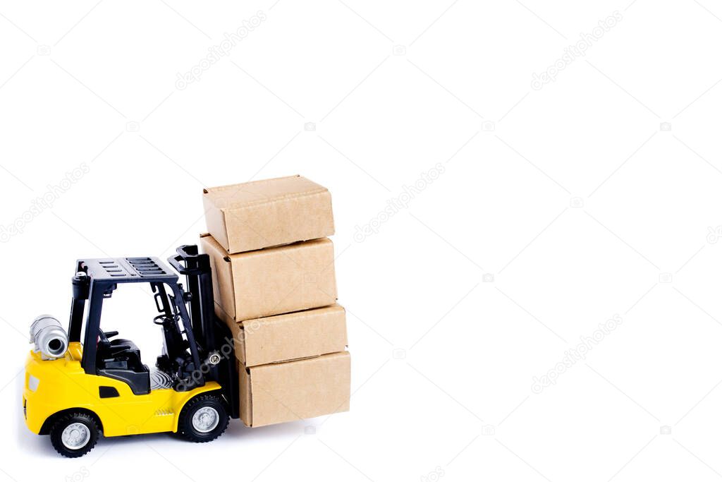 Mini forklift truck load cardboard boxes isolated on white background. Logistics and transportation management ideas and Industry business commercial concept