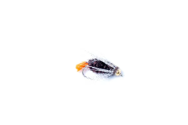 Ψάρεμα Μύγα Άγκιστρο Απομονώνονται Λευκό Φόντο — Φωτογραφία Αρχείου
