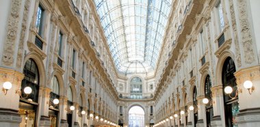 MALAN- 10 Ocak 2019: İtalya 'nın Milano kentindeki Galleria Vittorio Emanuele II' nin tarihi atari salonunun simetrik gece görüntüleri.