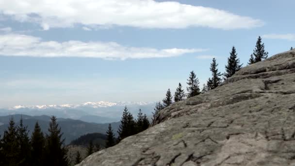 Young Hiker Reaching Top Mountain Raising His Hands Adventurer Achieving — Stock Video