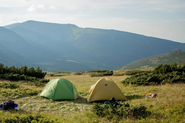 Vista Barraca Turística Nas Montanhas Nascer Pôr Sol Fundo Campismo — Fotografia de Stock