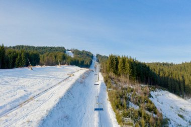 Karpatlar 'da kış tatiline giden çam ağaçlarının arasından kayak ve kar kayağı manzarası..