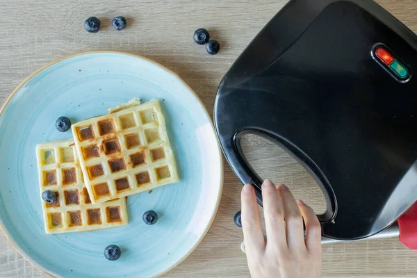 Waffles Being Baked Waffle Maker Savory Waffles Breakfast Concept — Stock Photo, Image